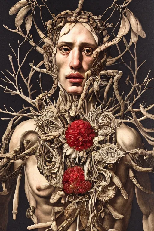 Image similar to Detailed maximalist portrait a greek god with large lips and with large white eyes, exasperated expression, botany bones, HD mixed media, 3D collage, highly detailed and intricate, surreal illustration in the style of Caravaggio, dark art, baroque