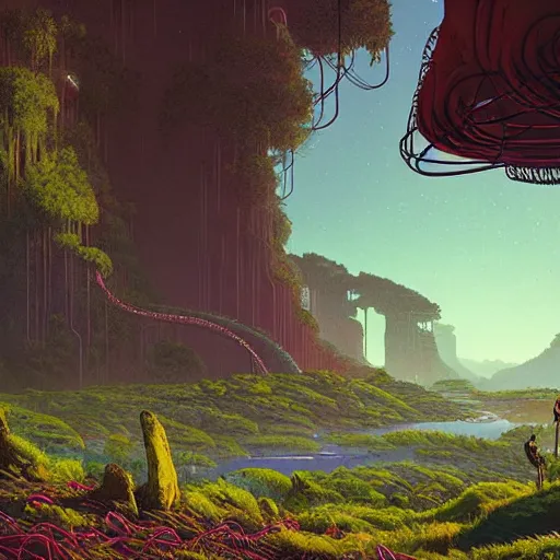 Image similar to digital artwork of a lush natural scene on an alien planet by simon stalenhag. extremely detailed. science fiction. beautiful landscape. weird vegetation. cliffs and water.