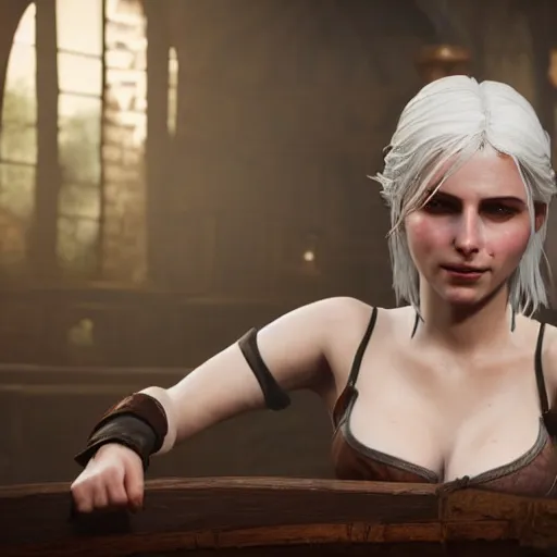 Prompt: Concept art of Ciri from the Witcher 3 in wooden bath, pretty face, 8k, uhd