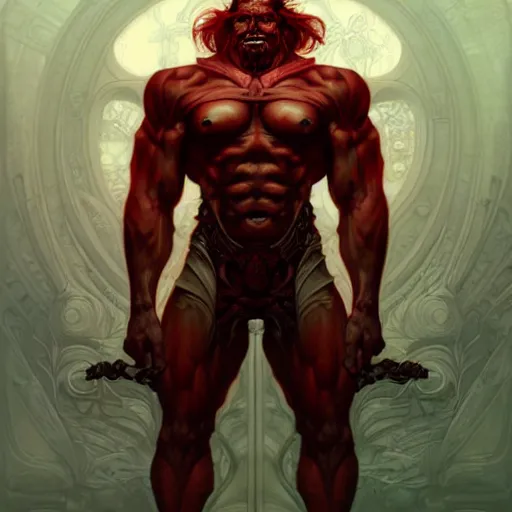 Image similar to portrait of muscular red orc, symmetrical, D&D character art, portrait, digital painting, concept art, intricate, mogul khan, Peter Mohrbacher, Alphonse Mucha, Brian Froud, Yoshitaka Amano, Kim Keever, Victo Ngai, James Jean