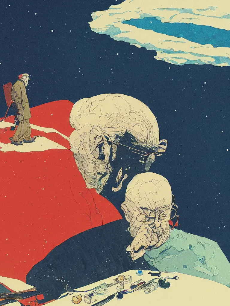 Image similar to a closeup portrait of an old man taking mind altering drugs, a blotter paper of lsd acid and dreaming psychedelic hallucinations in the vast icy landscape of antarctica, by kawase hasui, moebius, edward hopper, colorful flat surreal design, dramatic lighting, hd, 8 k, artstation