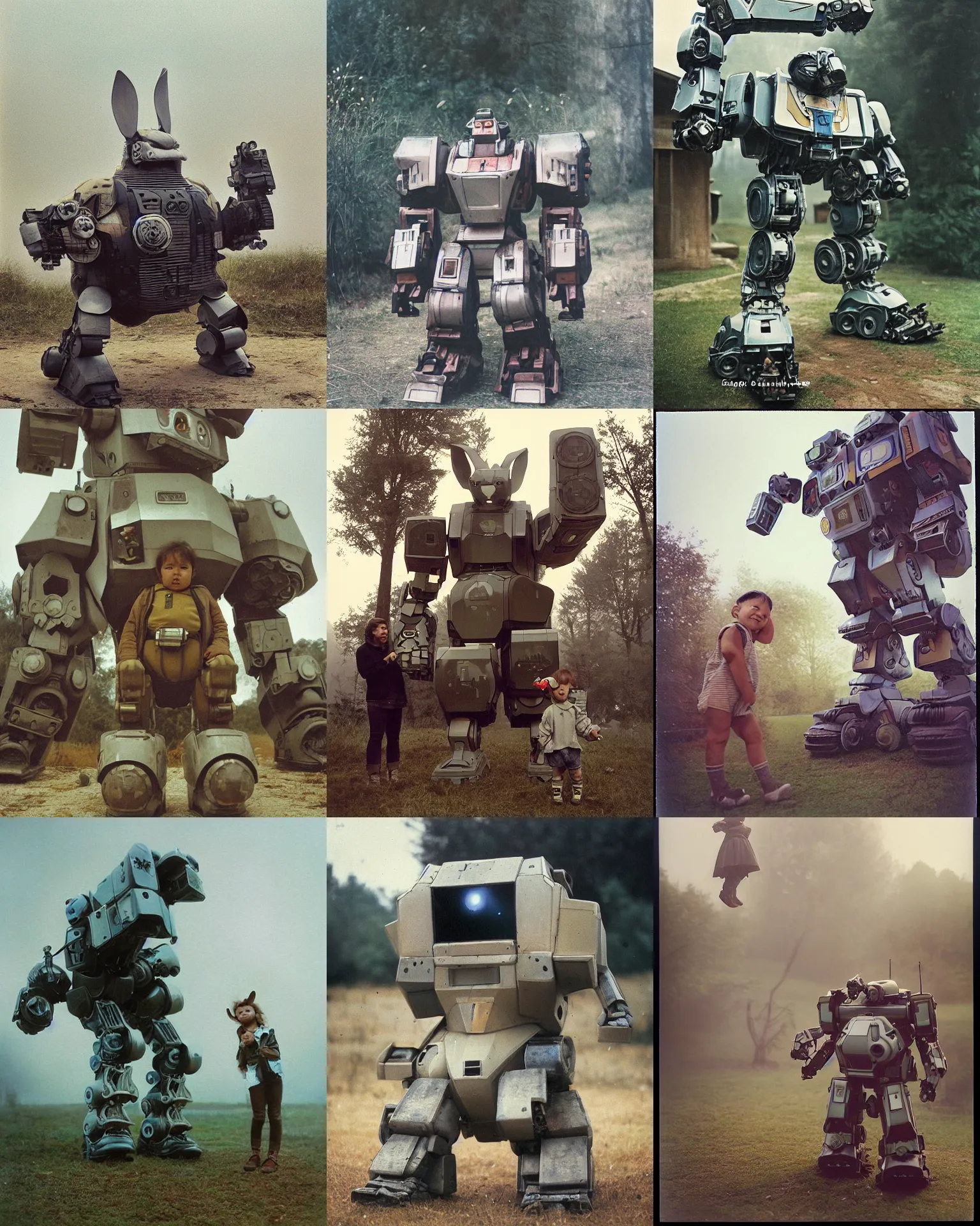Prompt: giant oversized futuristic chubby battle robot mech with giant rabbit ears as giant cyborg baby on neandertha village , Cinematic focus, telephoto lens, Polaroid photo, vintage, neutral colors, soft lights, foggy ,by Steve Hanks, by Serov Valentin, by lisa yuskavage, by Andrei Tarkovsky