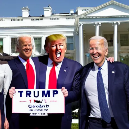 Image similar to donald trump poses with joe biden lookalikes in front of the white house as a protest, sunny day, detailed, detailed faces