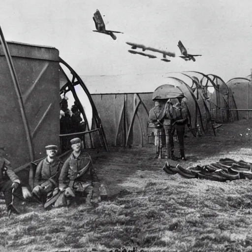 Prompt: on two occasions members of our royal flying corps penetrated into german territory and succeeded in dropping bombs on the zeppelin sheds at dusseldorf, despite the fact that these shelters are protected by numerous anti - aircraft guns, 1 9 1 5 photo