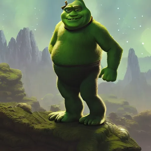 Image similar to shrek is a rich millionaire at rick and morty, highly detailed, digital painting, artstation, concept art, smooth, sharp focus, illustration, art by artgerm and greg rutkowski and alphonse mucha