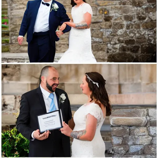 Image similar to an Irish catholic woman and a Puerto Rican man getting married, wedding photo, award winning