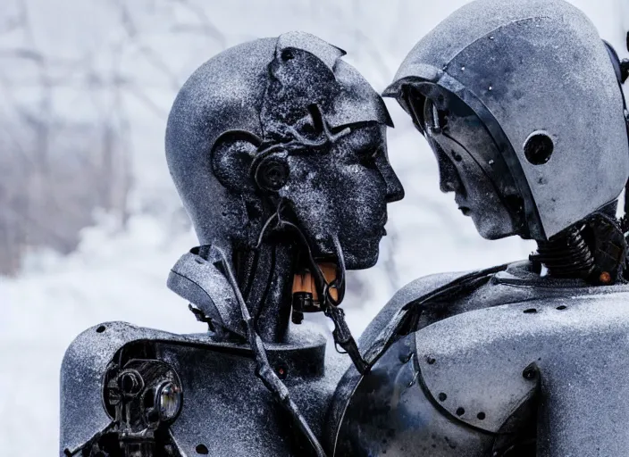 Image similar to a beautiful, cold metal robot that is kissing a cinematographer