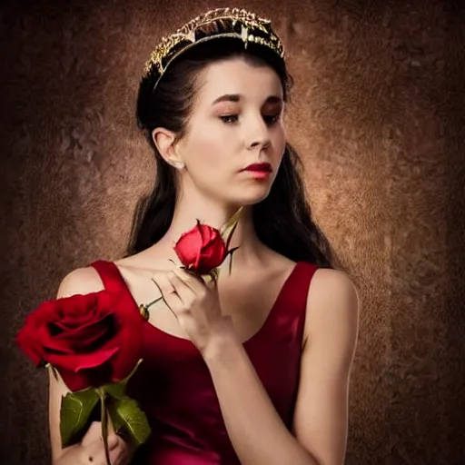 Image similar to a beautiful woman in a dress holding a rose against the backdrop of a dark night. she looks like a queen from ancient times.