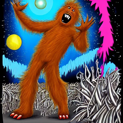 Prompt: A Sasquatch, Big Foot rocking out to heavy-metal-music, dancing and headbanging, digital art