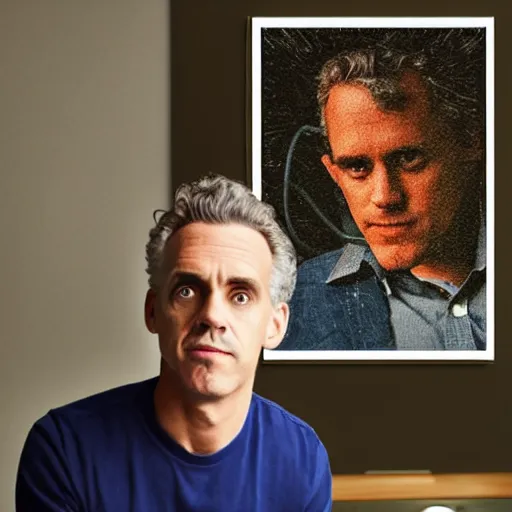 Image similar to Jordan Peterson cleans his room with a vacuum, motivational poster, inspirational art, high detail, realistic, mid shot, open