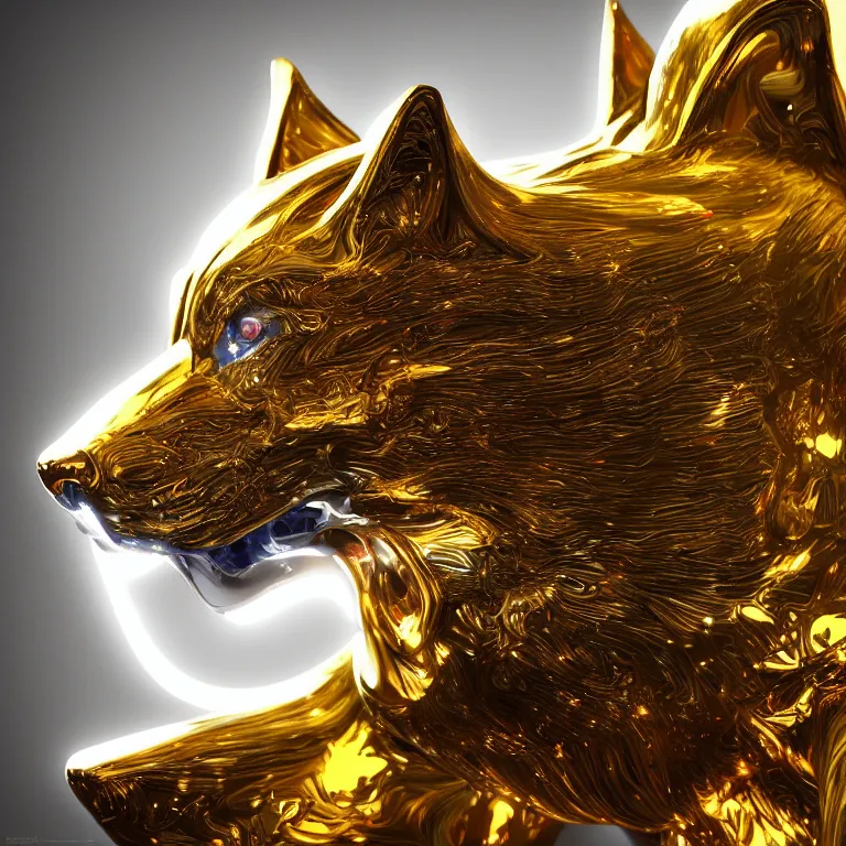 Image similar to chrome and gold wolf, glossy, metallic, neon, symmetrical, tribal patterns, realistic, unreal engine, octane, redshift, artstation, behance