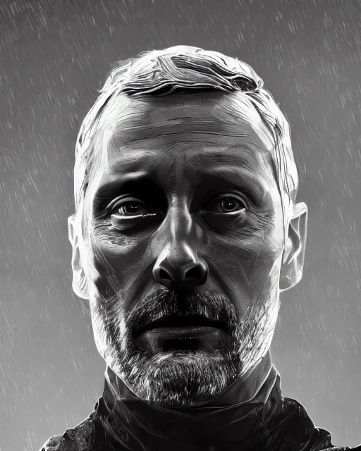 Image similar to mads mikkelson as clifford unger from death stranding, tears of tar, mysterious portrait, cinematic lighting, black background, digital painting photoshop, ultra detailed hdr 8 k