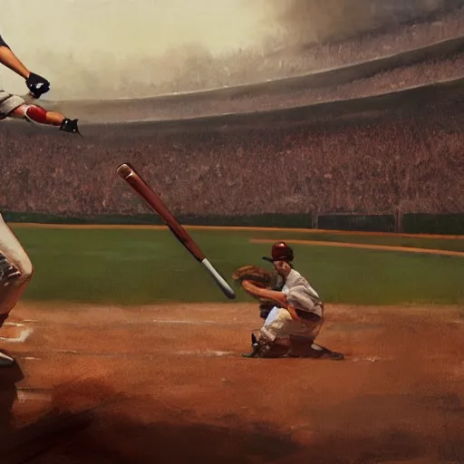 Image similar to baseball player hitting the ball with the baseball bat in the middle of the game and in front of everyone in the stadium, james gurney painting style, greg rutkowski, artstation