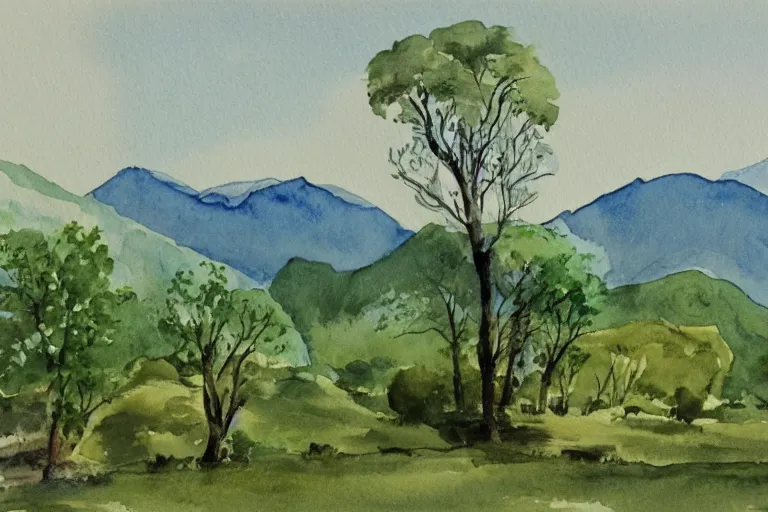 Image similar to green landscape with trees and mountains in the distance, watercolor