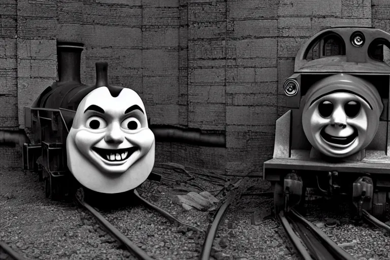 Image similar to Dystopian Thomas the Tank Engine laughing like The Joker by H.R. Giger. Grayscale