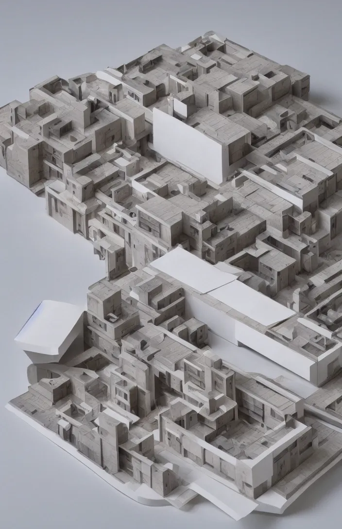 Prompt: isometric view, architectural model, studio lighting, low contrast, wood and paper, social housing for 1 0 0 0 household, zaha hadid, high tech, post - modernism