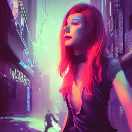 Image similar to instagram girl nora _ kyzy in neon future aether gear, hyperrealistic full figure, bladerunner street alley, art of elysium by frank frazetta and by jeremy mann and by alphonse mucha, fantasy art, photo realistic, dynamic lighting, artstation, full figure poster, volumetric lighting, very detailed face, 4 k, award winning