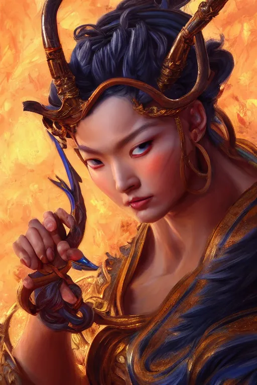 Image similar to a masterpiece portrait of nezha, legendary god holding spear, man, flame everywhere, epic pose, fantasy character portrait, closeup shot, hyper detailed, digital painting, 8 k realistic, trending on artstation, sharp focus, dof, by fenghua zhong, artgerm, ne zha from smite, jeff easley, raymond swanland