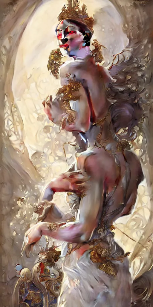 Image similar to a realistic liquid queen with a decorated dress made of white pearls , highly detailed, digital painting, Trending on artstation , HD quality, by artgerm and greg rutkowski and alphonse mucha, dramatic light, octane