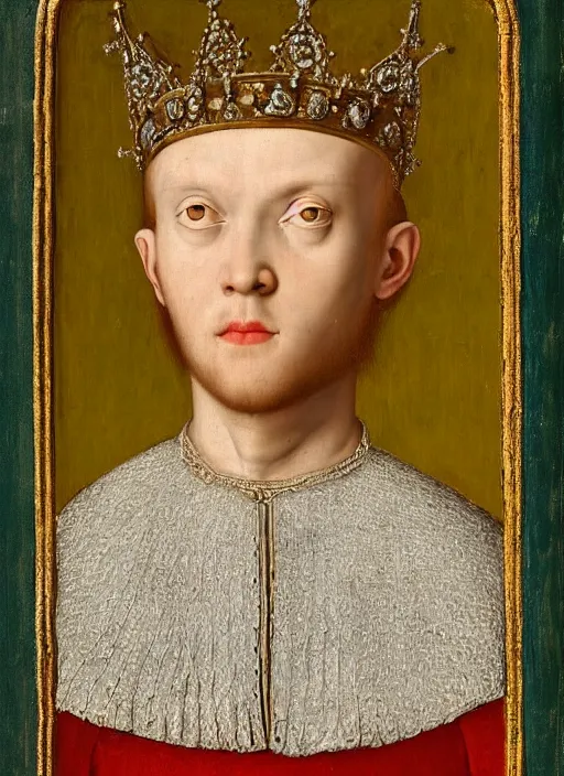 Image similar to portrait of a young man who is a king with a crown, medieval painting by Jan van Eyck, Florence