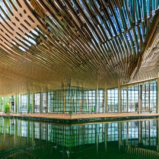 Prompt: professional photgraphy of a museum flooded with green water, water plants and lillies, wooden piers inside, great architecture by renzo piano, ambient light