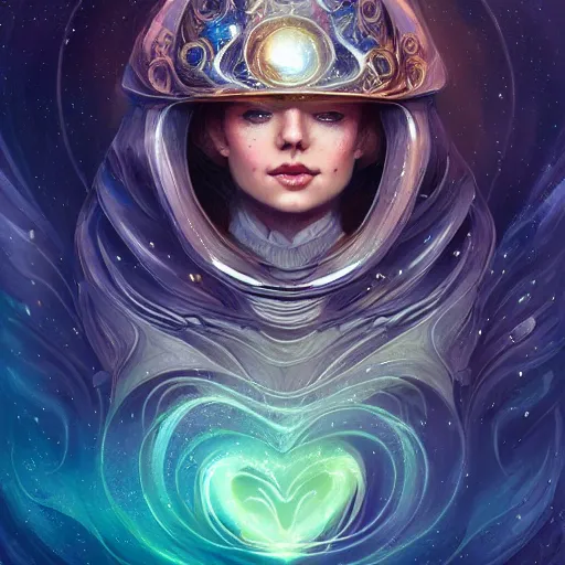 Image similar to love expanding across the universe, galaxy spiral background. exploded helmet, D&D, fantasy, intricate, elegant, highly detailed, digital painting, artstation, concept art, matte, sharp focus, illustration, art by Anna dittmann