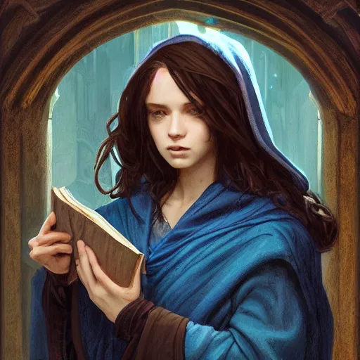 Prompt: a portrait of a depressed female wizard with brown hair wearing a blue hood and blue robe, holding a book, exploring a dark temple, fantasy, highly detailed, digital painting, artstation, concept art, character art, art by greg rutkowski and tyler jacobson and alphonse mucha