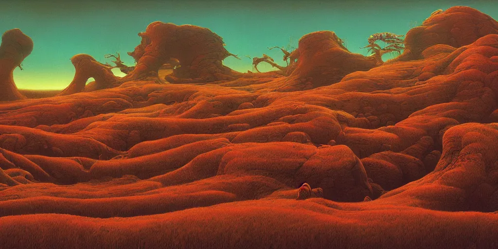 Prompt: taiga landscape, fluid, smooth, bright colours, high contrast, sharpness, beautiful, peaceful, very detailed, intricate, volumetric lighting, by giger and corben and moebius and beksinski and bosch and bacon
