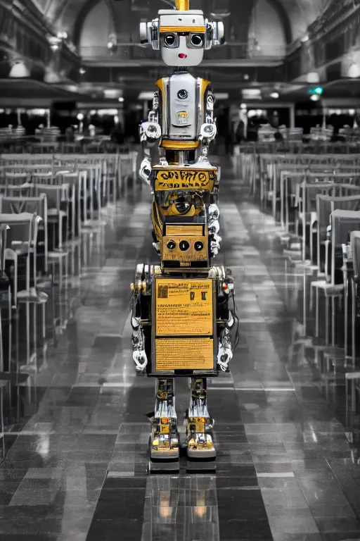 Prompt: a portrait photo of a extremely detailed robot wearing a graduation hat standing in a grand hall. nikon z 9. 5 0 mm, f / 1. 8 photography.