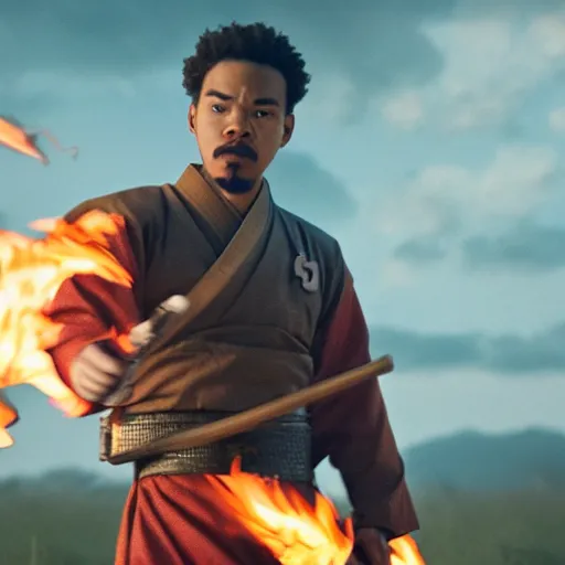 Image similar to cinematic film still of Chance The Rapper starring as a Samurai holding fire, Japanese CGI, VFX, 2022, 40mm lens, shallow depth of field, film photography