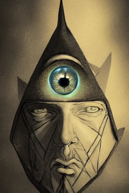 Prompt: portrait of triangle shaped head wearing wizard hat with single centered giant diamond eye, in the style of Greg Broadmore and Arthur Rackham,trending on artstation, light lighting side view,digital art,surrealism ,macro,blueprint ,vaporwave ,