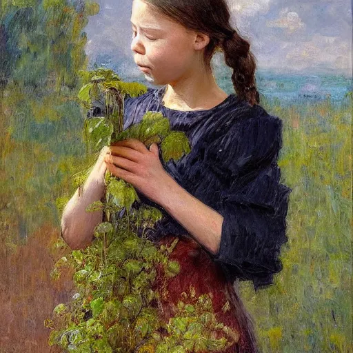 Image similar to Devastated Greta Thunberg holding a plant and crying, impressionism, barren earth, vivid attention to detail, by Greg Rutkowksi and Ilya Repin