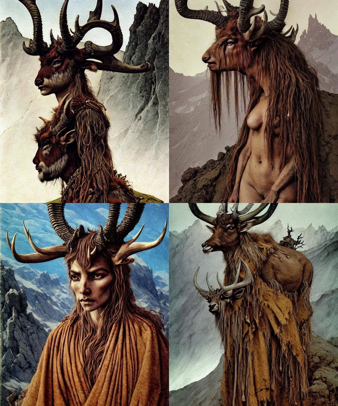 Prompt: A detailed horned antelopewoman stands among the mountains. Wearing a ripped mantle, robe. Perfect faces, extremely high details, realistic, fantasy art, solo, masterpiece, art by Zdzisław Beksiński, Arthur Rackham, Dariusz Zawadzki