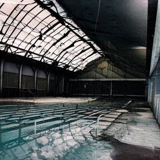 Image similar to an eerie photo of an abandoned indoor water park from the 1 9 9 0 s at night, disposable film