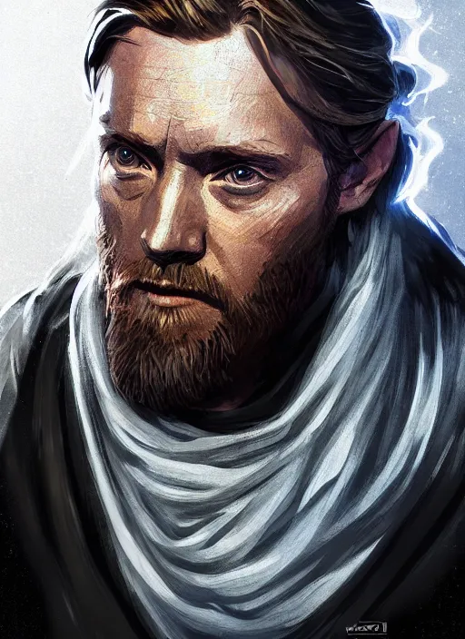 Image similar to a portrait of obi - wan kenobi as a jesus, cyberpunk, grim - lighting, high - contrast, intricate, elegant, highly detailed, digital painting, artstation, concept art, smooth, sharp focus, illustration