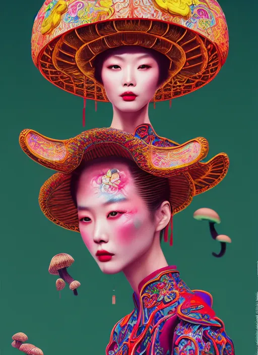 Image similar to pretty chinese model with hallucination mushroom : : by martine johanna and simon stalenhag and chie yoshii and casey weldon and wlop : : ornate, dynamic, particulate, rich colors, intricate, elegant, highly detailed, centered, vogue, harper's bazaar, fashion magazine, smooth, sharp focus, octane render, 8 k