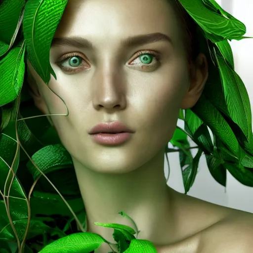 Image similar to a highly detailed digital image of a silver covered elegantly posed futuristic woman beautifully cocooned in green leafy foliage like leaves shot, full body shot, by Andrew Chiampo, artstation, and Frederik Heyman, extremely detailed woman, stunning volumetric lighting, hyper realism, fantasy 4k