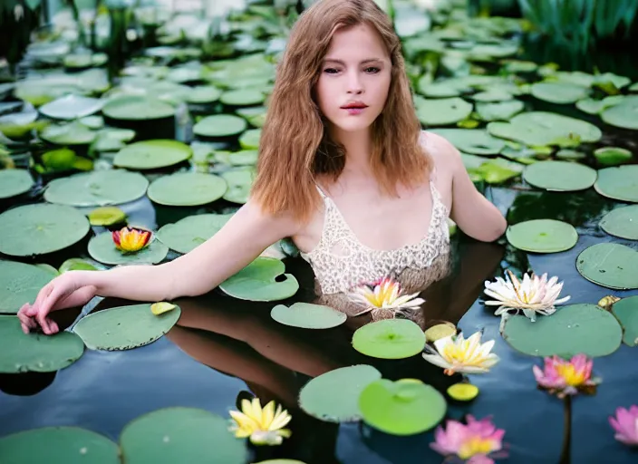 Image similar to Kodak Portra 400, 8K, soft light, volumetric lighting, highly detailed, britt marling style 3/4, photo close-up portrait of extreme beautiful girl floating in water surrounded by lily pads, half face in the water, a beautiful lace dress and hair are intricate with highly detailed realistic beautiful flowers , Realistic, Refined, Highly Detailed, natural outdoor soft pastel lighting colors scheme, outdoor fine art photography, Hyper realistic, photo realistic