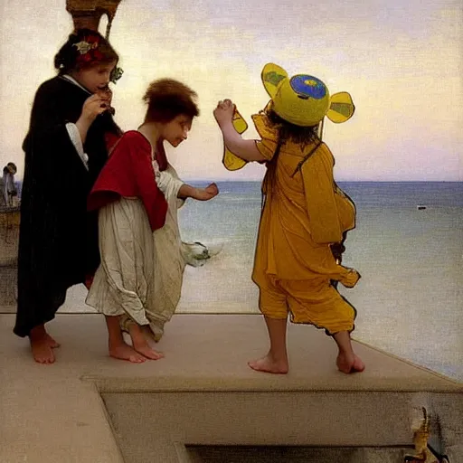 Prompt: Children with jester hats and clothes forming a circle on the front of a Balustrade with a beach and a sail boat on the background, major arcana cards, by paul delaroche, alphonse mucha and arnold böcklin arnold böcklin hyperrealistic 8k, very detailed