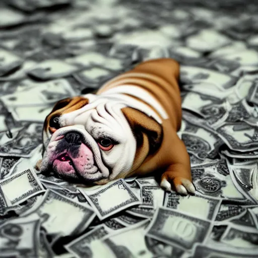 Prompt: english bulldog in pile of money, artstation