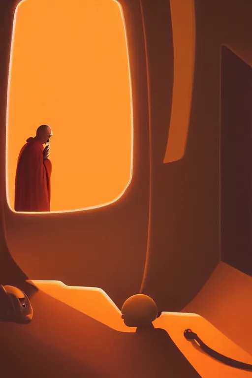 Prompt: portrait of a blind monk in a spaceship, looking out the window, orange robe, dramatic lighting, artstation, matte painting, ralph mcquarrie