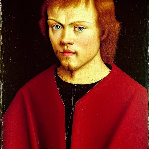 Image similar to portrait of the son of joel egerton health ledger christ pratt leonardo dicaprio, oil painting by jan van eyck, northern renaissance art, oil on canvas, wet - on - wet technique, realistic, expressive emotions, intricate textures, illusionistic detail