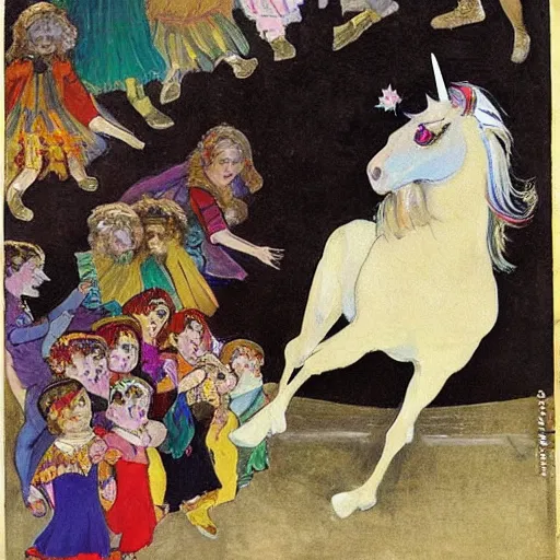 Image similar to by valentin serov atmospheric. a collage of a pantomime unicorn onstage, surrounded by a group of children who are clapping & cheering. the unicorn is wearing a sparkly costume & has a long, flowing mane. its horn is glittering & its eyes are wide open.