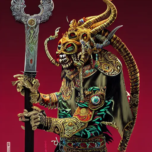 Image similar to side profile of barong family ancient sword with jewels, wiwek, mara demon, one single tribe member, jungle, one single mask, dark, tribal, inner glow, art by dan mumford and justin gerard