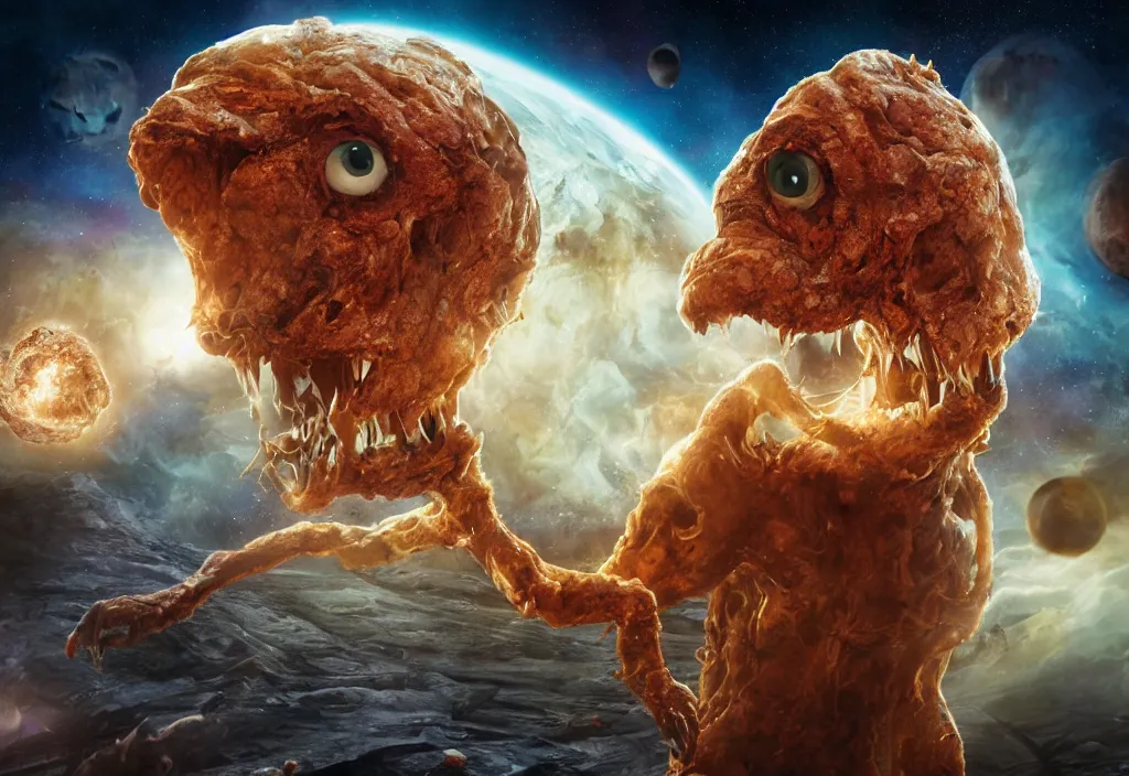 Image similar to eldritch horror bloody garfield in space, hd, 8 k, giant, epic, realistic photo, unreal engine, stars, prophecy, powerful, cinematic lighting, destroyed planet, debris, violent, sinister, ray tracing, dynamic, epic composition, dark, horrific, teeth, grotesque, monochrome drawing, hellscape, death, corpses, foreboding