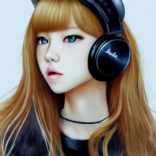 Image similar to realistic beautiful gorgeous natural cute Blackpink Lalisa Manoban blonde hair cute fur blonde cat ears, wearing camisole, wearing headphones, wearing black leather choker artwork drawn full HD 4K highest quality in artstyle by professional artists WLOP, Taejune Kim, Guweiz on Artstation Pixiv