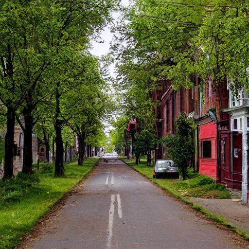 Image similar to main street in northampton, ma overgrown after 5 0 0 years since the apocalypse