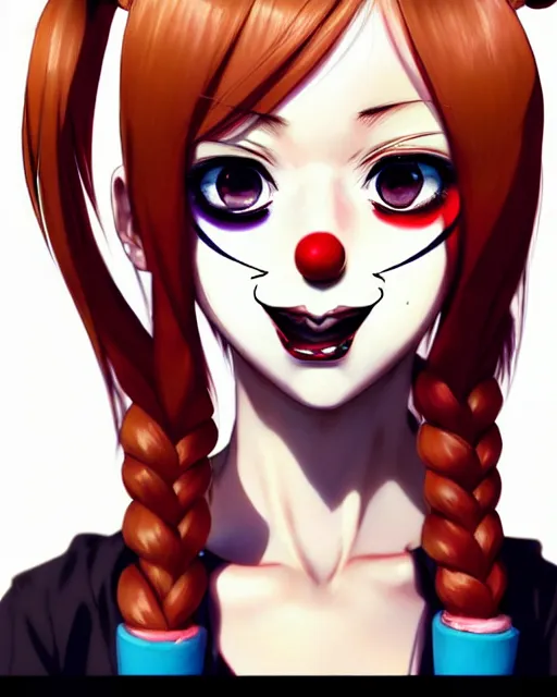 Image similar to portrait Anime as modern harley-quinn character girl cute-fine-face, brown-red-hair pretty face, realistic shaded Perfect face, fine details. Anime. hair-pigtails, clown black-red outfit realistic shaded lighting by Ilya Kuvshinov katsuhiro otomo ghost-in-the-shell, magali villeneuve, artgerm, rutkowski, WLOP Jeremy Lipkin and Giuseppe Dangelico Pino and Michael Garmash and Rob Rey