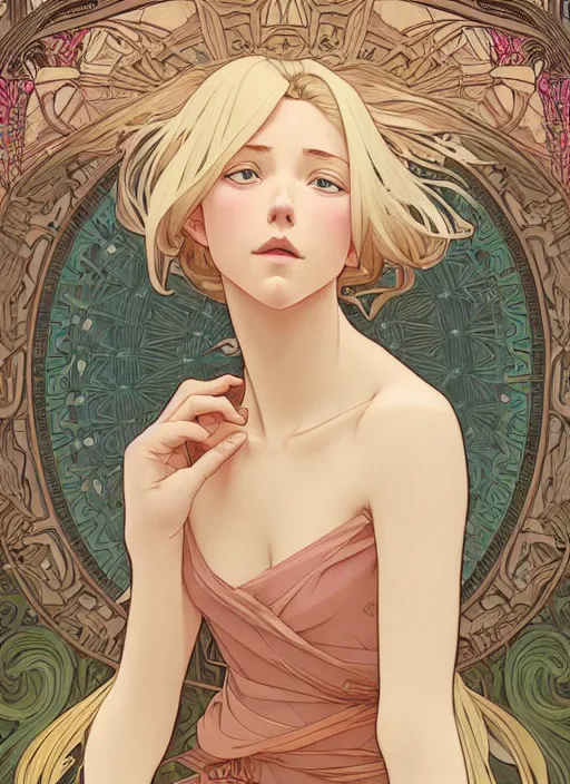 Image similar to pretty young man with shoulder length blond hair, half body shot, path traced, highly detailed, high quality, digital painting, by studio ghibli and alphonse mucha, leesha hannigan, hidari, disney, art nouveau, android jones, andreas rocha, conrad roset