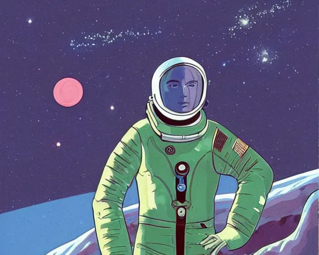 Image similar to a portrait of Alain Delon pilot in spacesuit posing on field forrest spaceship station landing laying lake artillery outer worlds shadows in FANTASTIC PLANET La planète sauvage animation by René Laloux